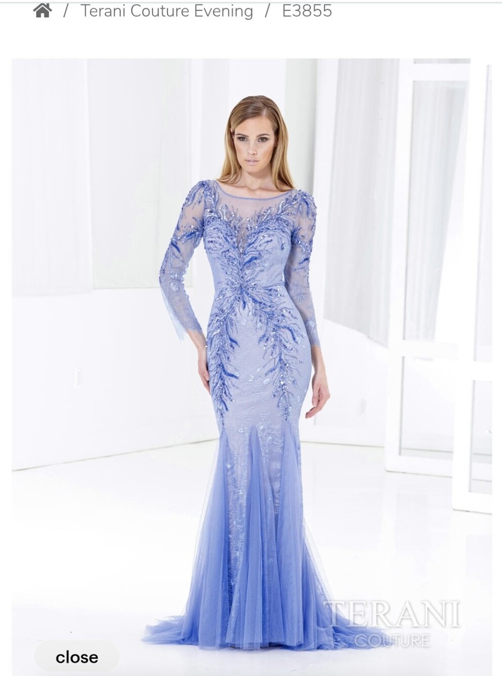 NWT Terani Couture Periwinkle Beaded Long-Sleeve Evening Gown
